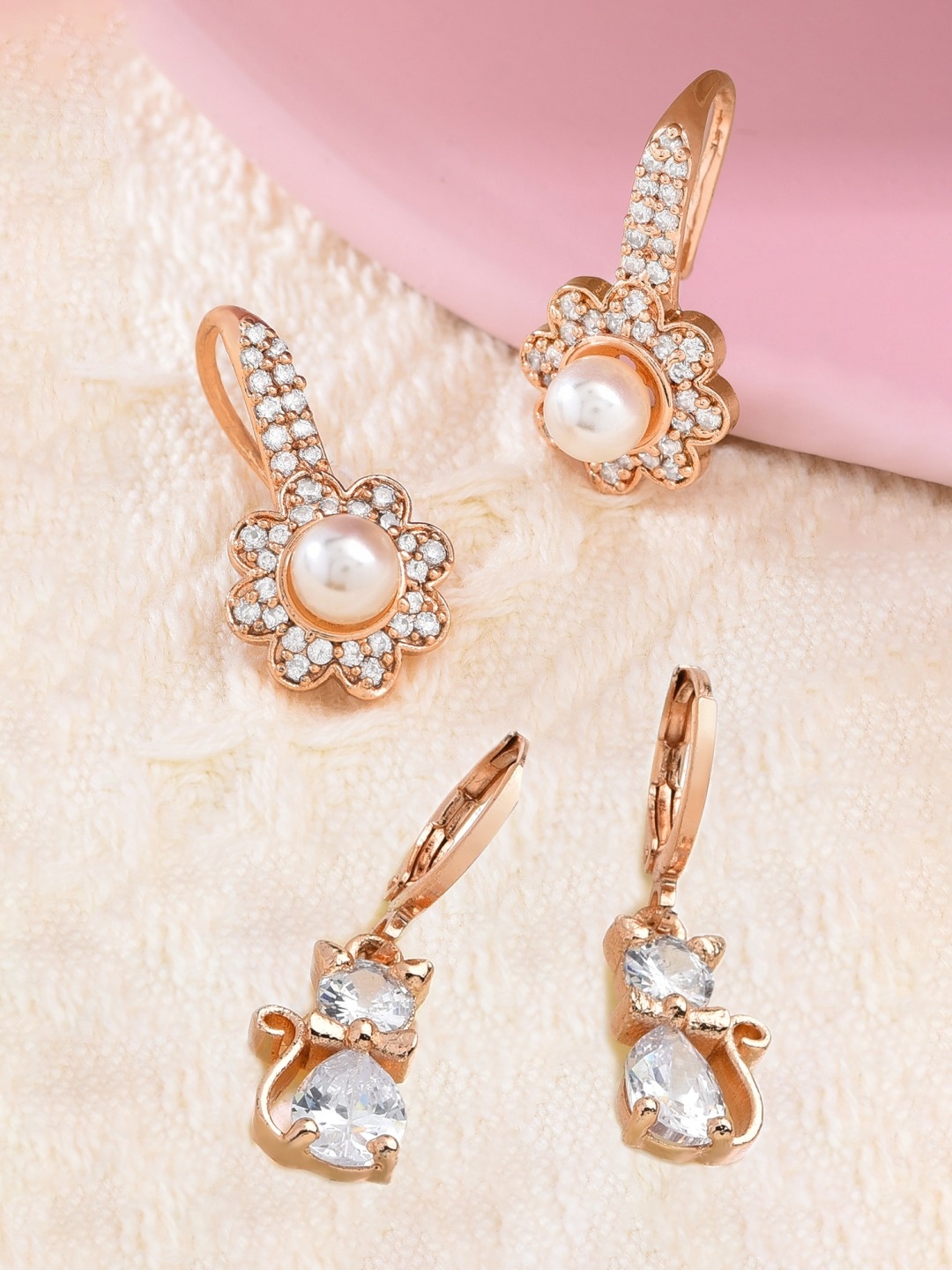 

Zaveri Pearls Rose Gold Set of 2 Contemporary Cubic Zirconia Drop Earrings