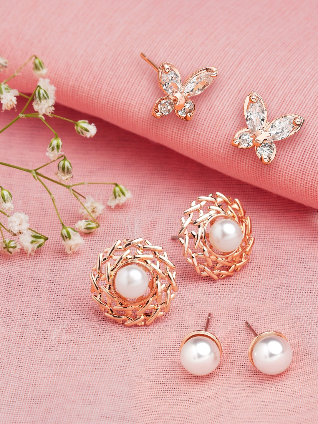 

Zaveri Pearls Rose Gold Set of 3 Contemporary Pearls Studs Earrings