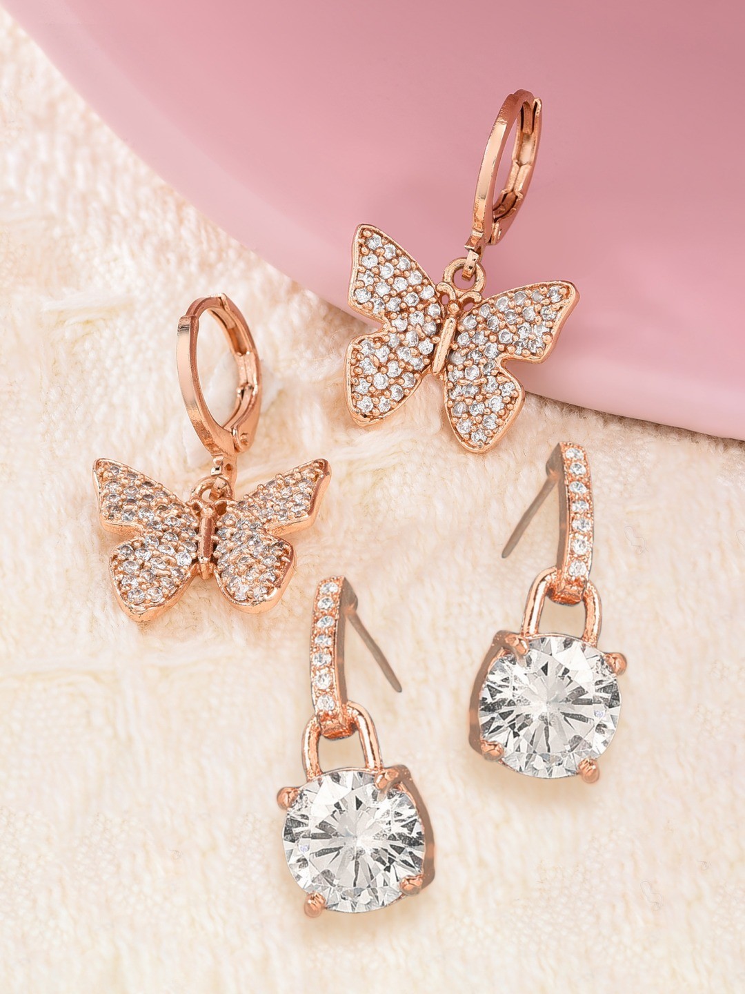 

Zaveri Pearls Rose Gold & Silver-Toned Contemporary Drop Earrings Pack Of 2