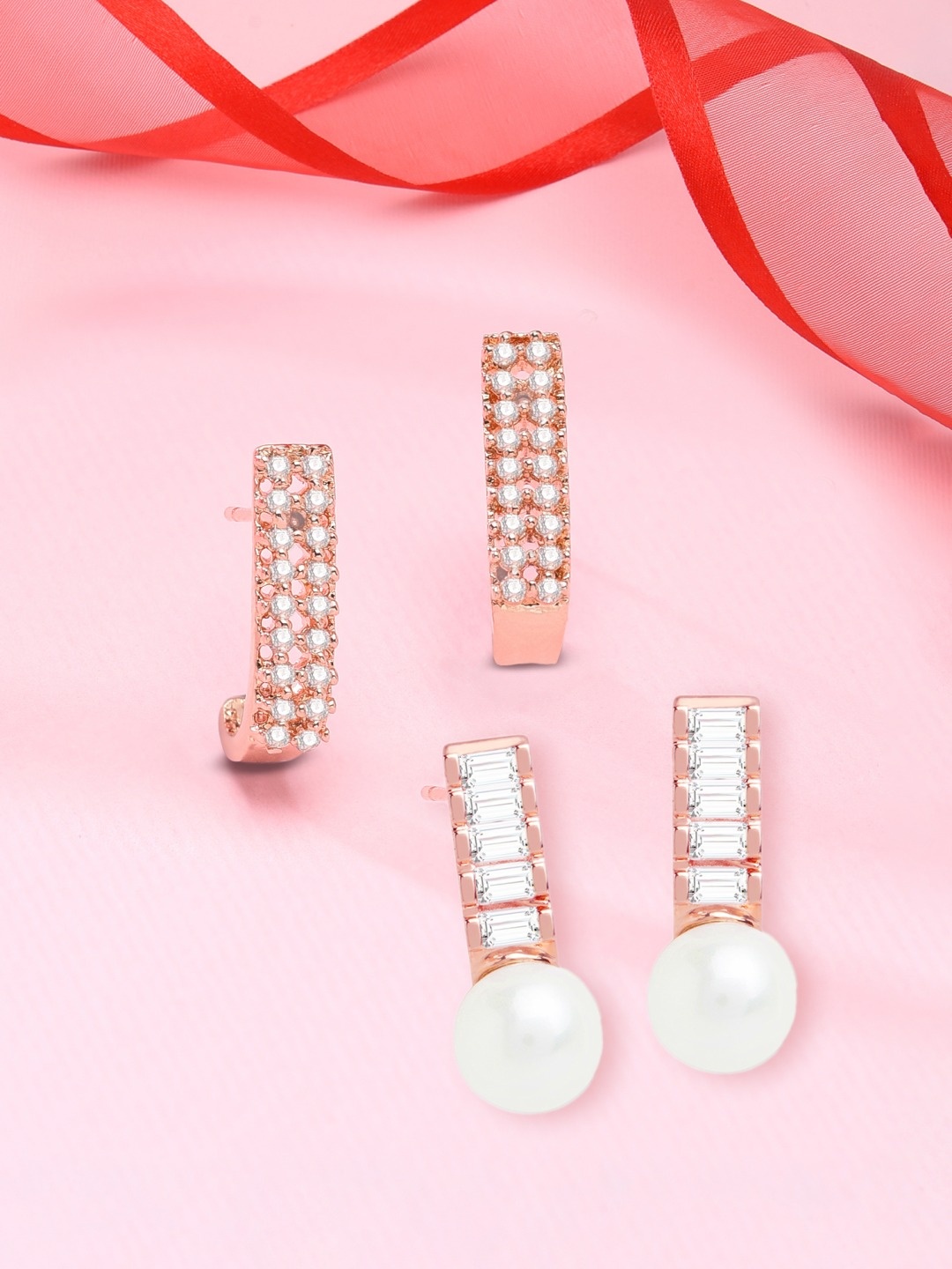 

Zaveri Pearls Rose Gold Plated & White Set Of 2 Contemporary Studs Earrings