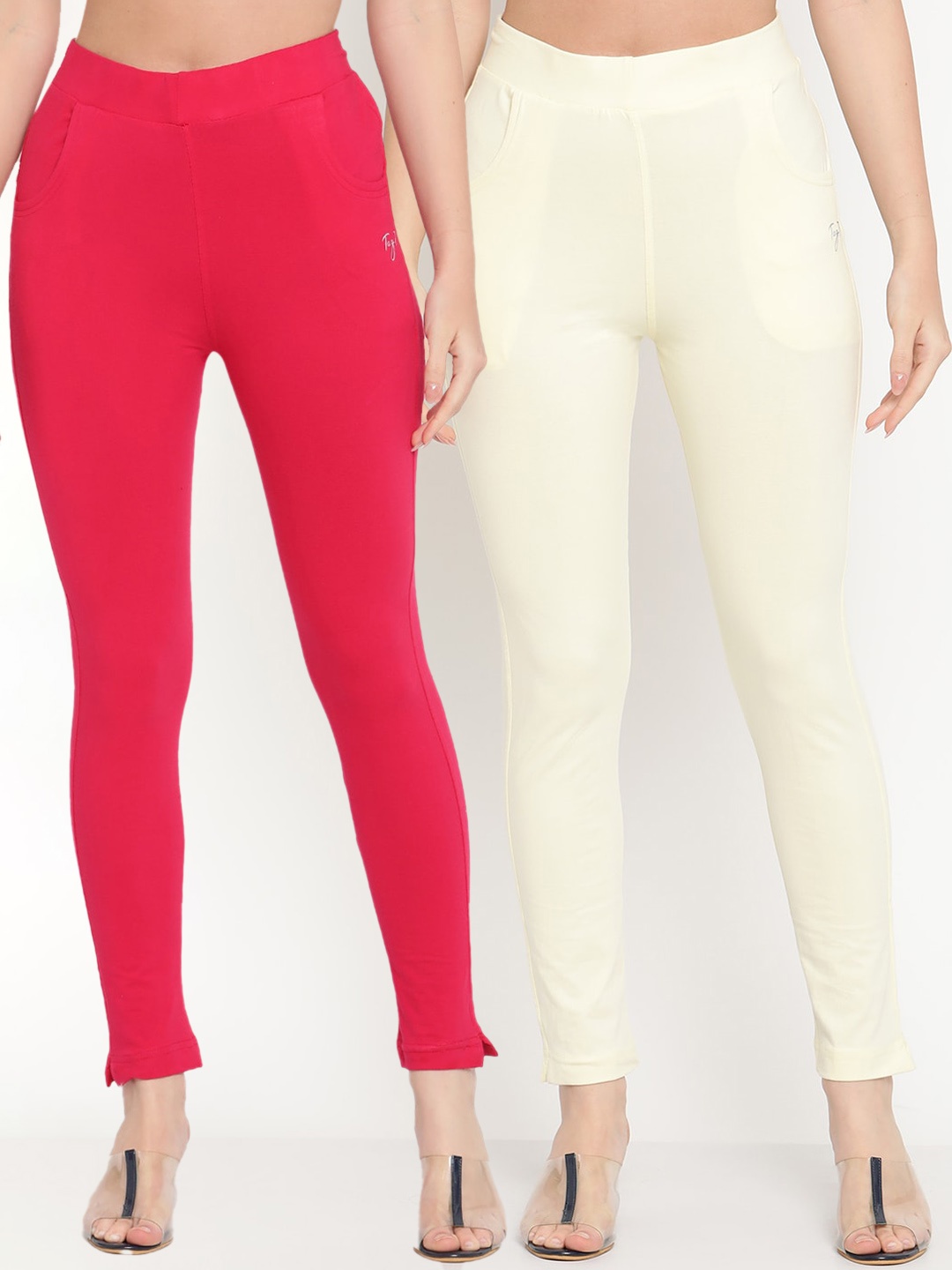 

TAG 7 Women Set of 2 Cream-Coloured & Pink Ankle Length Leggings