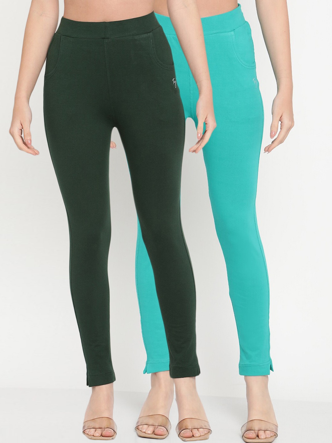 

TAG 7 Women Green & Turquoise Blue Pack of 2 Straight Fit Ankle-Length Leggings