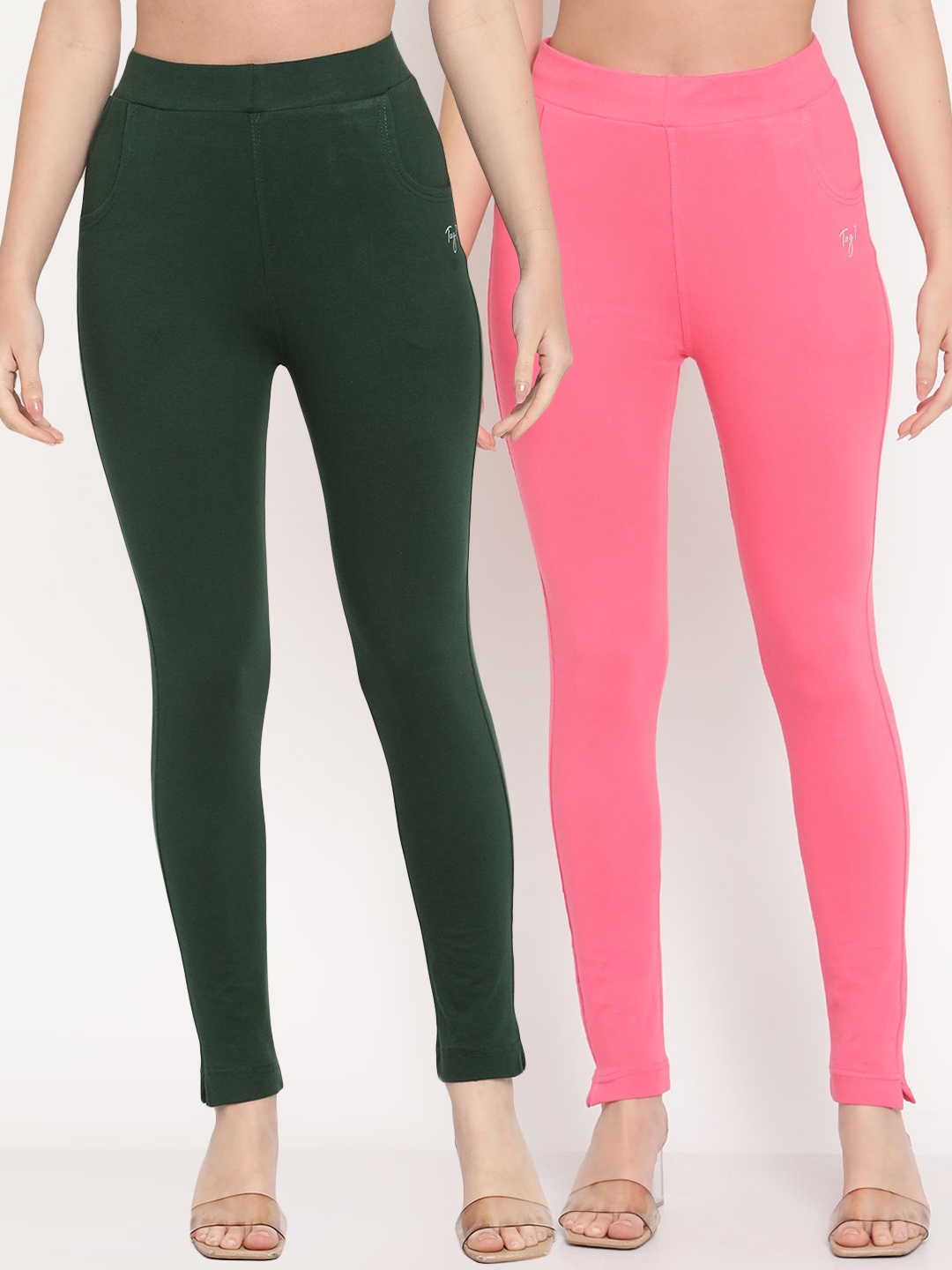 

TAG 7 Set Of 2 Green & Pink Solid Leggings