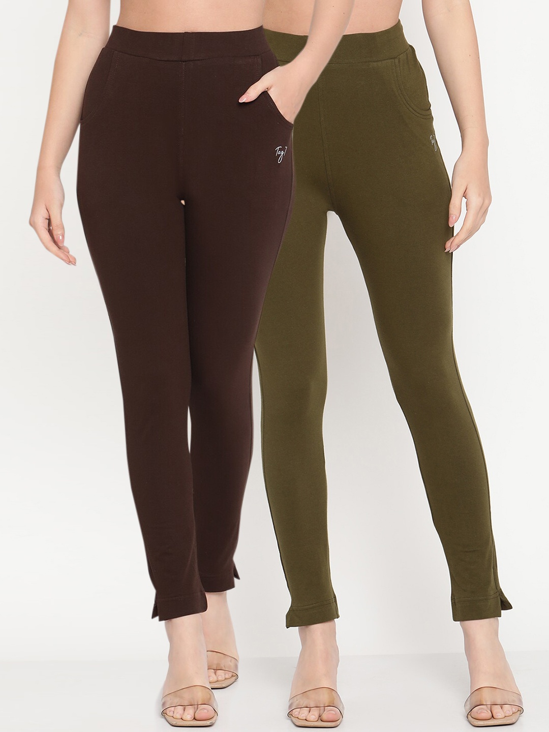 

TAG 7 Women Pack of 2 Olive Green & Brown Solid Ankle Length Kurti Pants