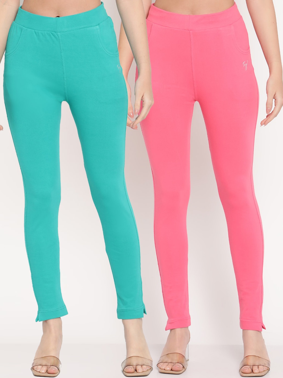 

TAG 7 Women Set of 2 Pink & Turquoise Ankle Length Leggings