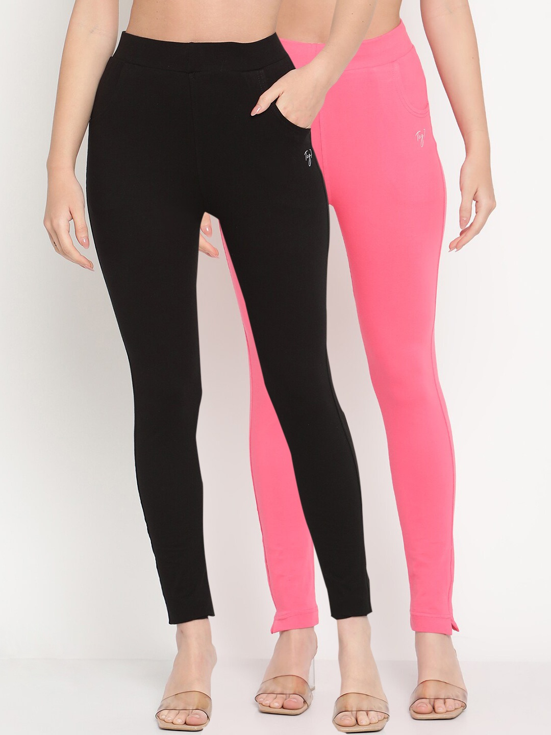 

TAG 7 Women Set of 2 Pink & Black Ankle Length Leggings