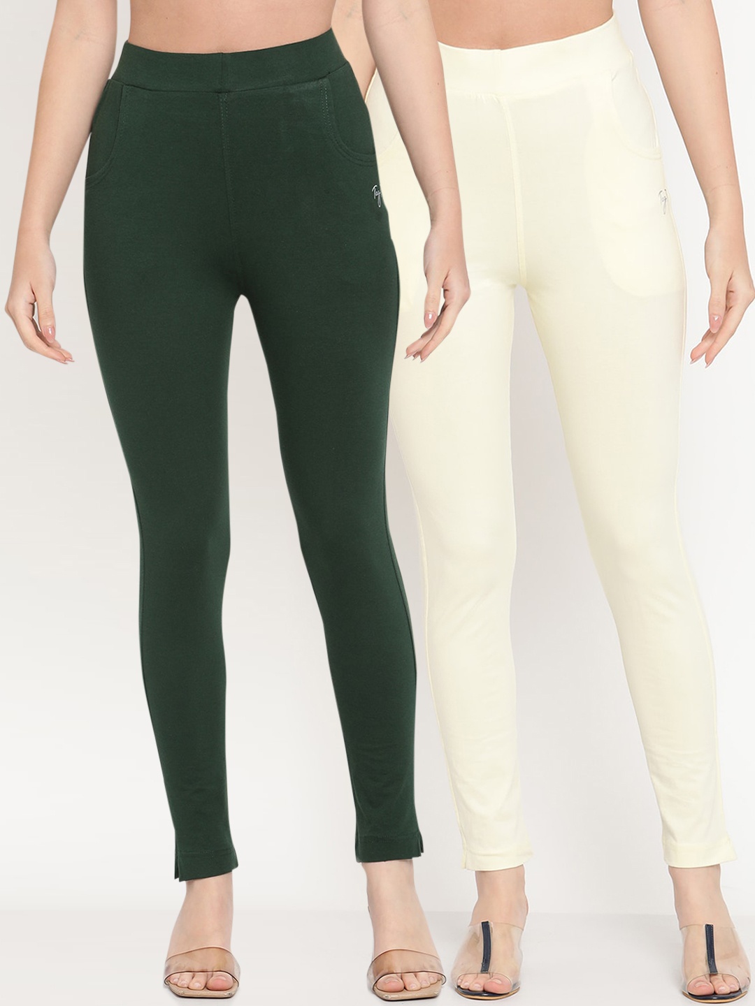 

TAG 7 Women Pack Of 2 Solid Comfort Fit Ankle-Length Leggings, Green