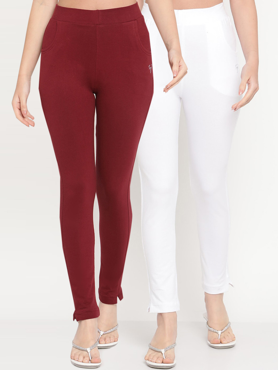 

TAG 7 Set Of 2 Maroon & White Solid Leggings