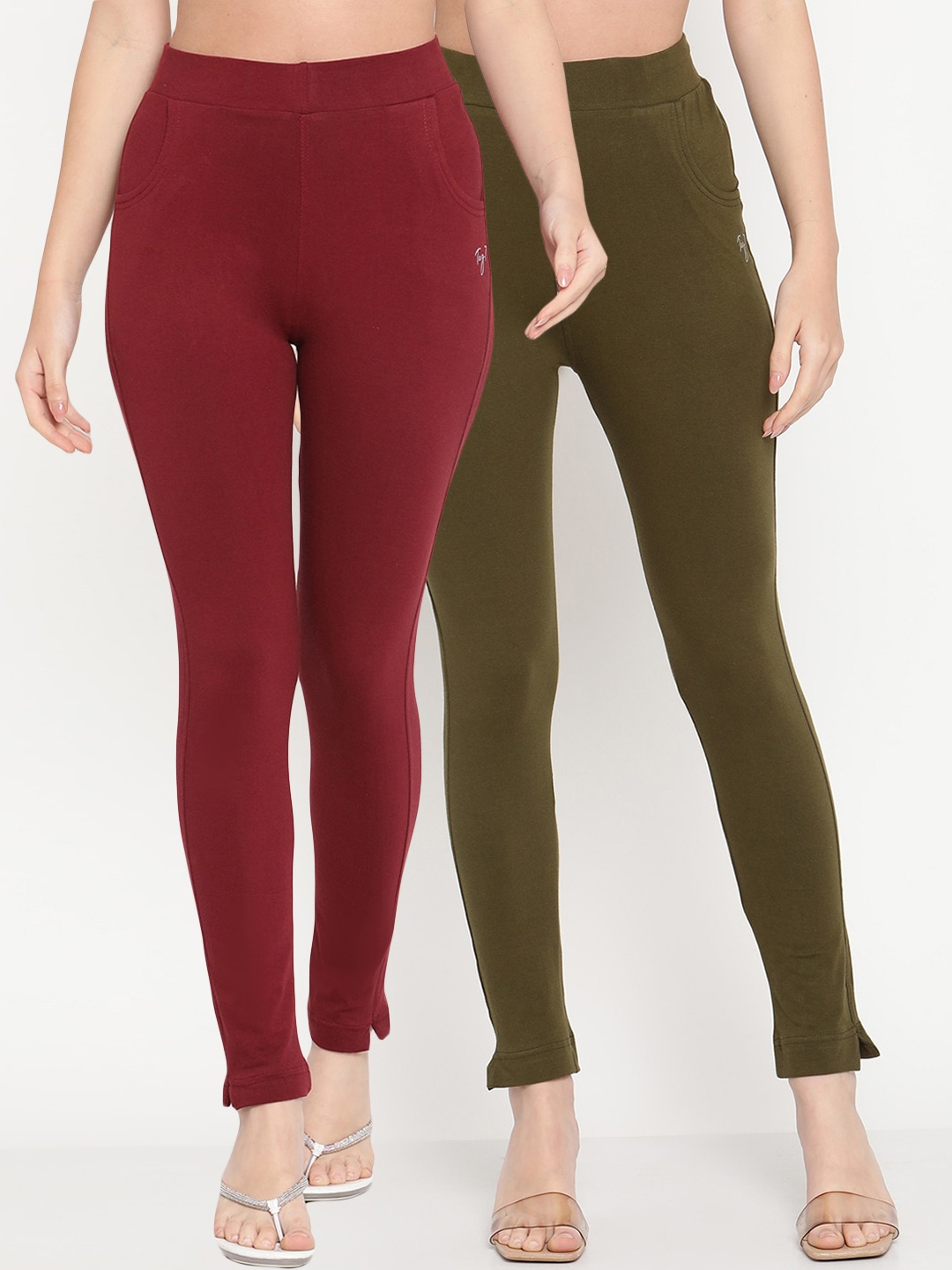 

TAG 7 Women Set of 2 Maroon & Olive Green Ankle Length Leggings