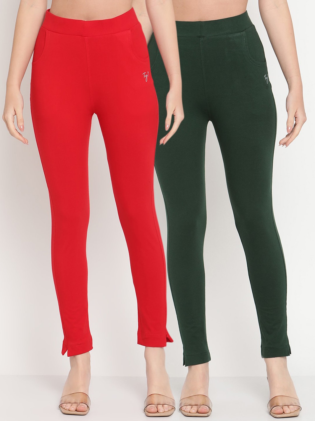 

TAG 7 Women Set of 2 Green & Red Ankle Length Leggings