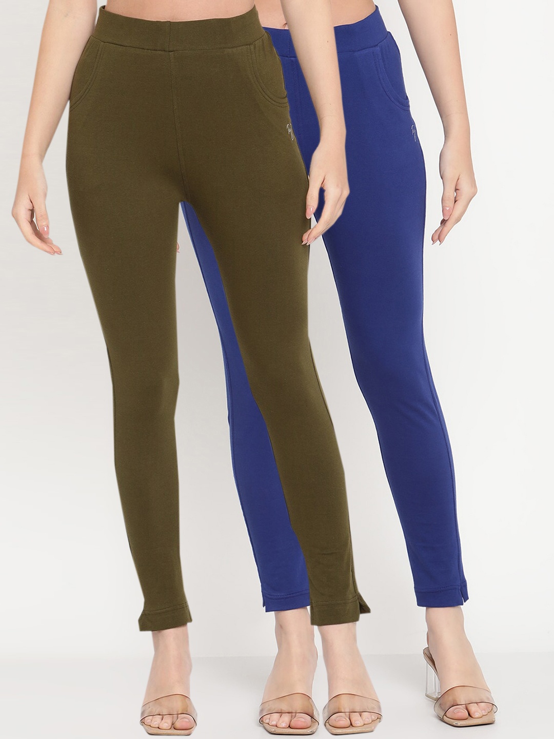 

TAG 7 Set Of 2 Olive Green & Blue Solid Leggings