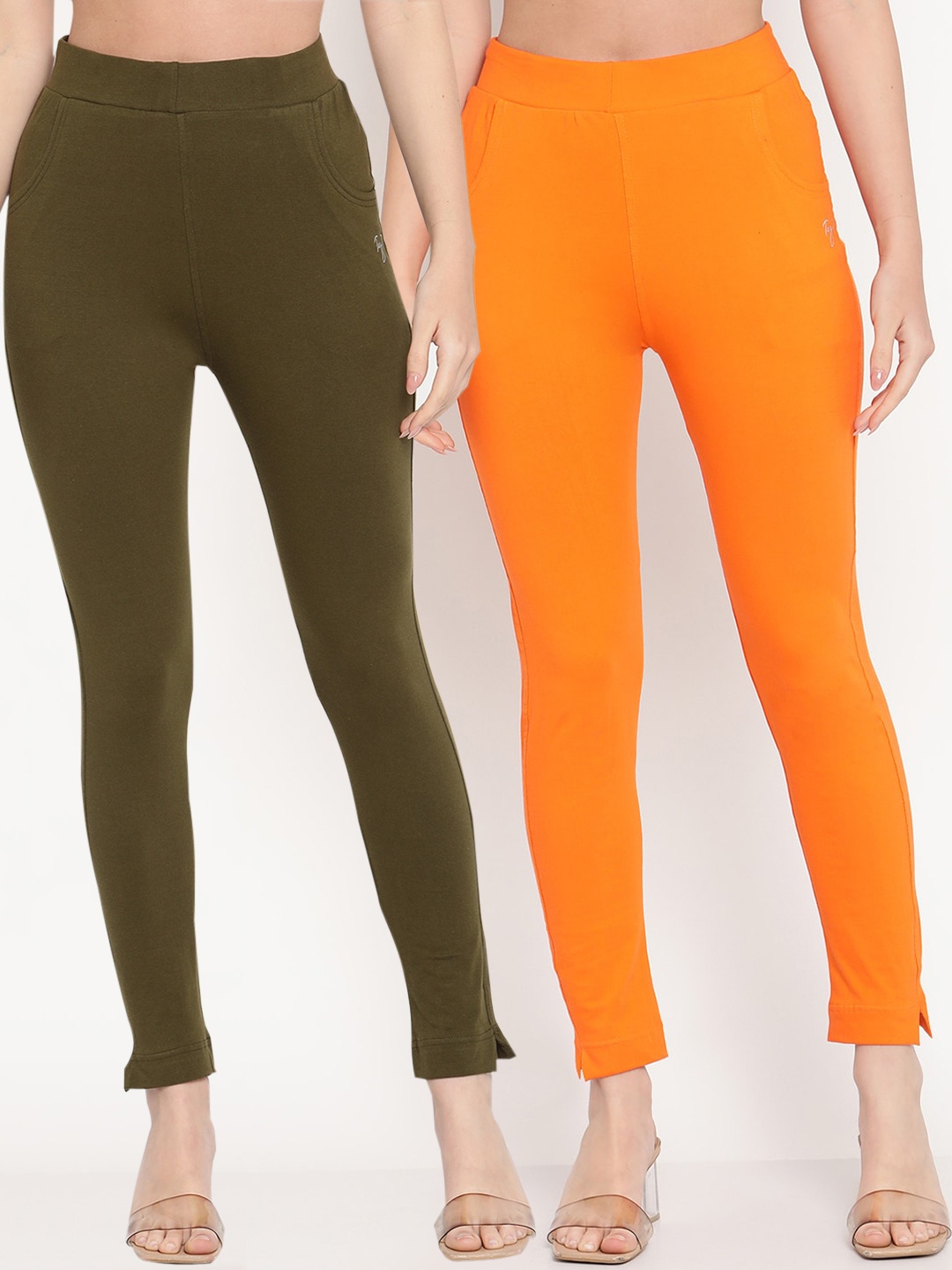 

TAG 7 Women Pack Of 2 Olive Green & Orange Solid Leggings