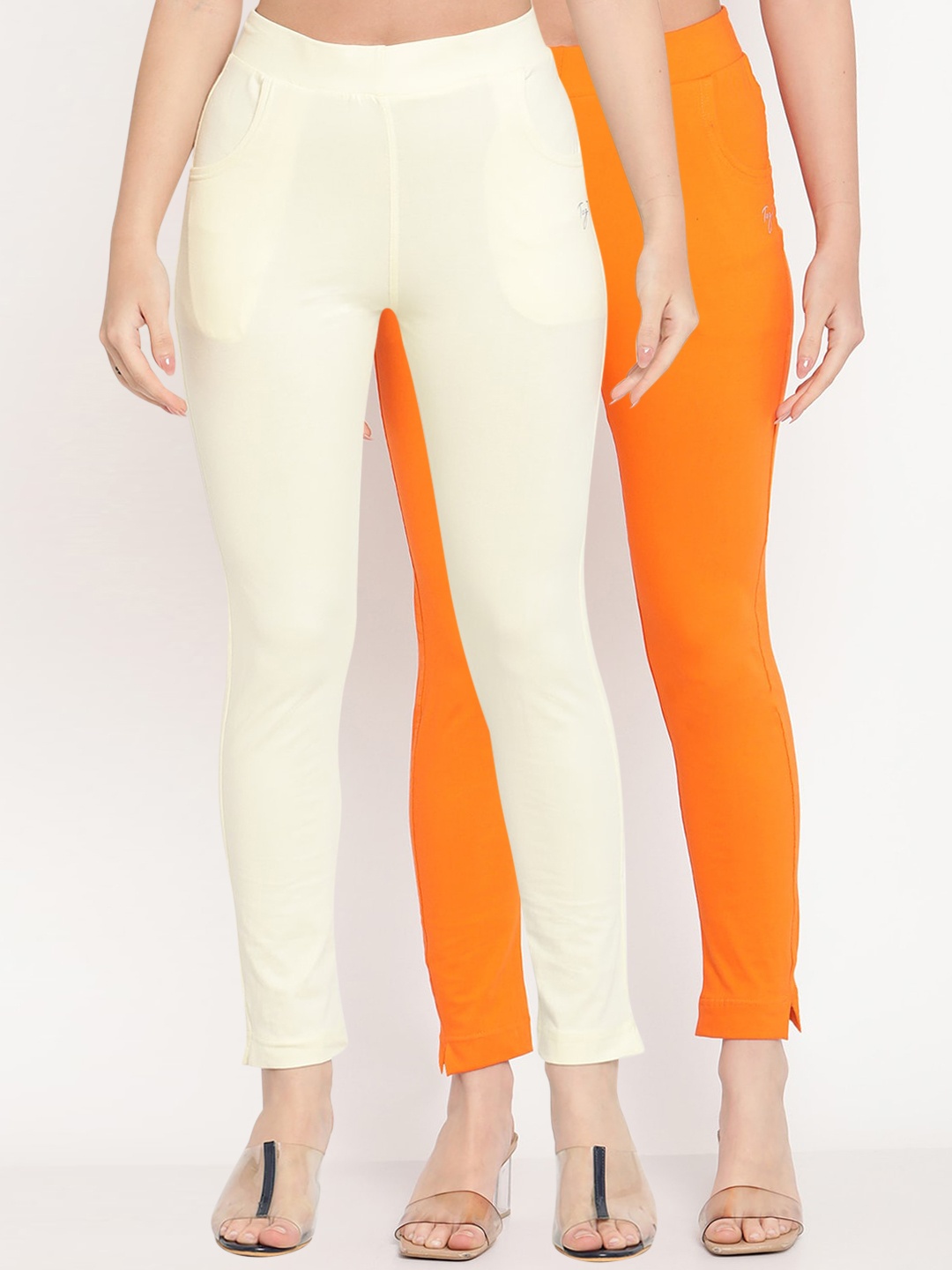 

TAG 7 Women Set of 2 Cream-Coloured & Orange Ankle Length Leggings