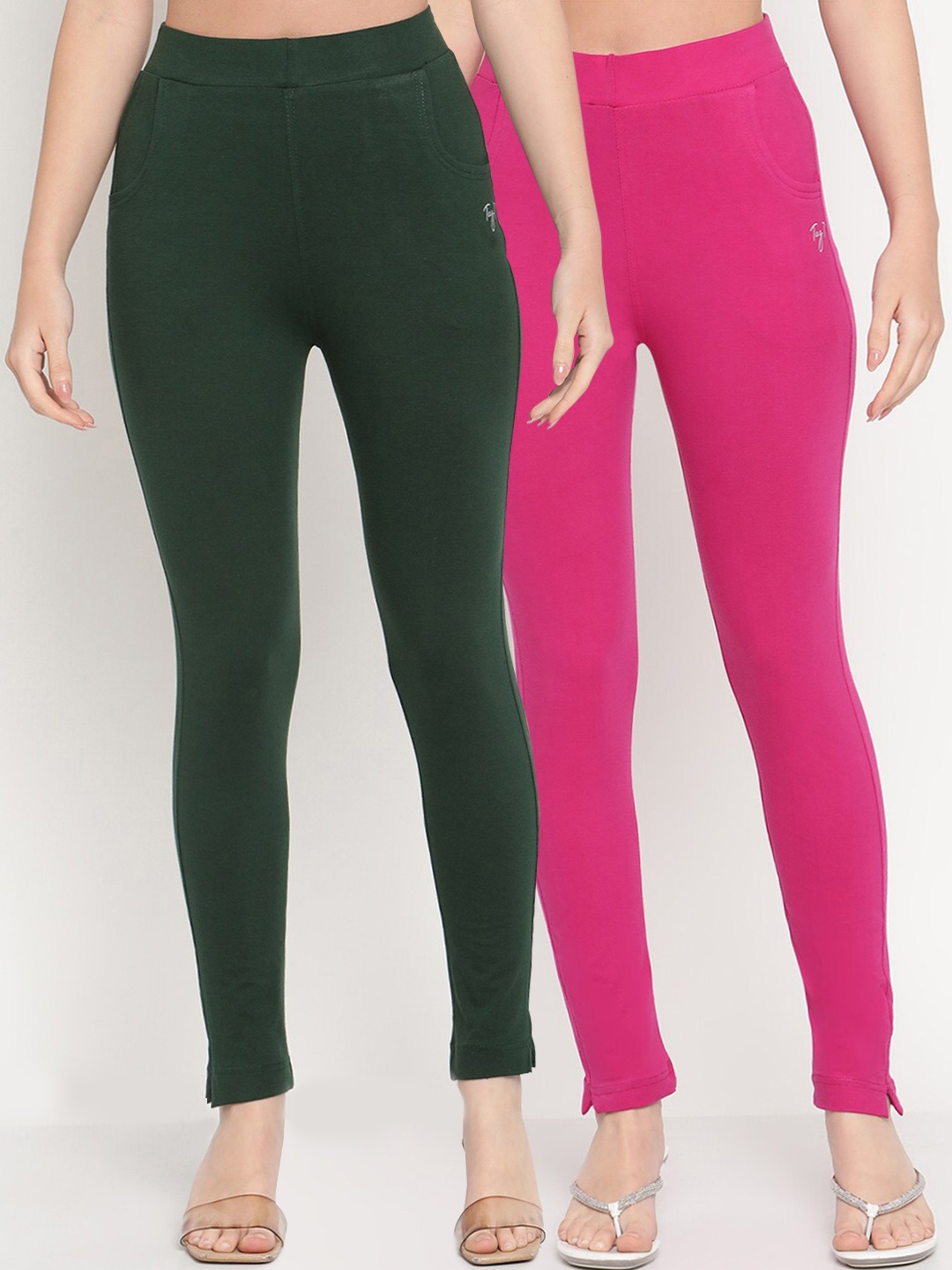 

TAG 7 Set Of 2 Green & Pink Solid Leggings