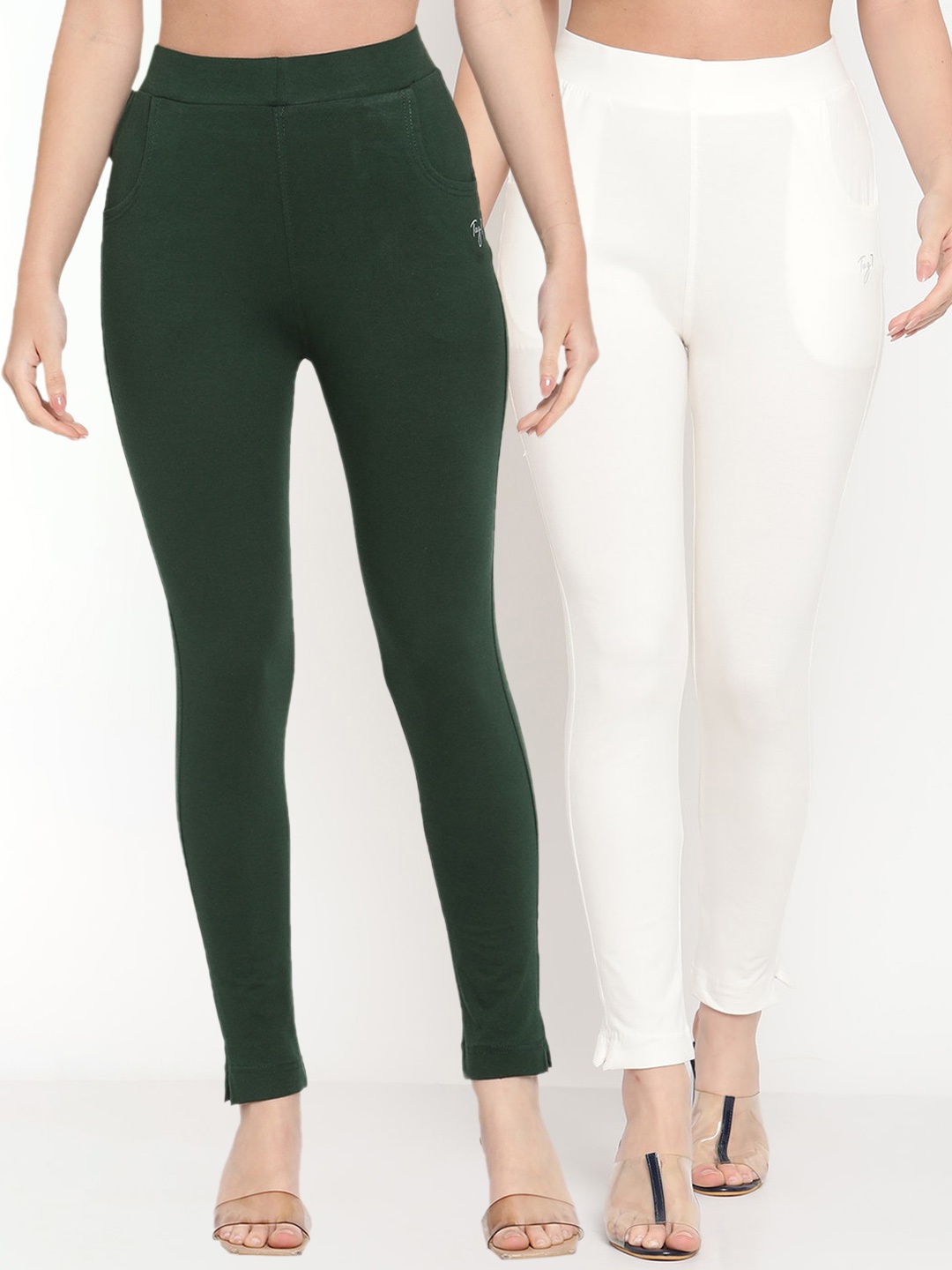 

TAG 7 Women Set of 2 Green & Off White Ankle Length Leggings