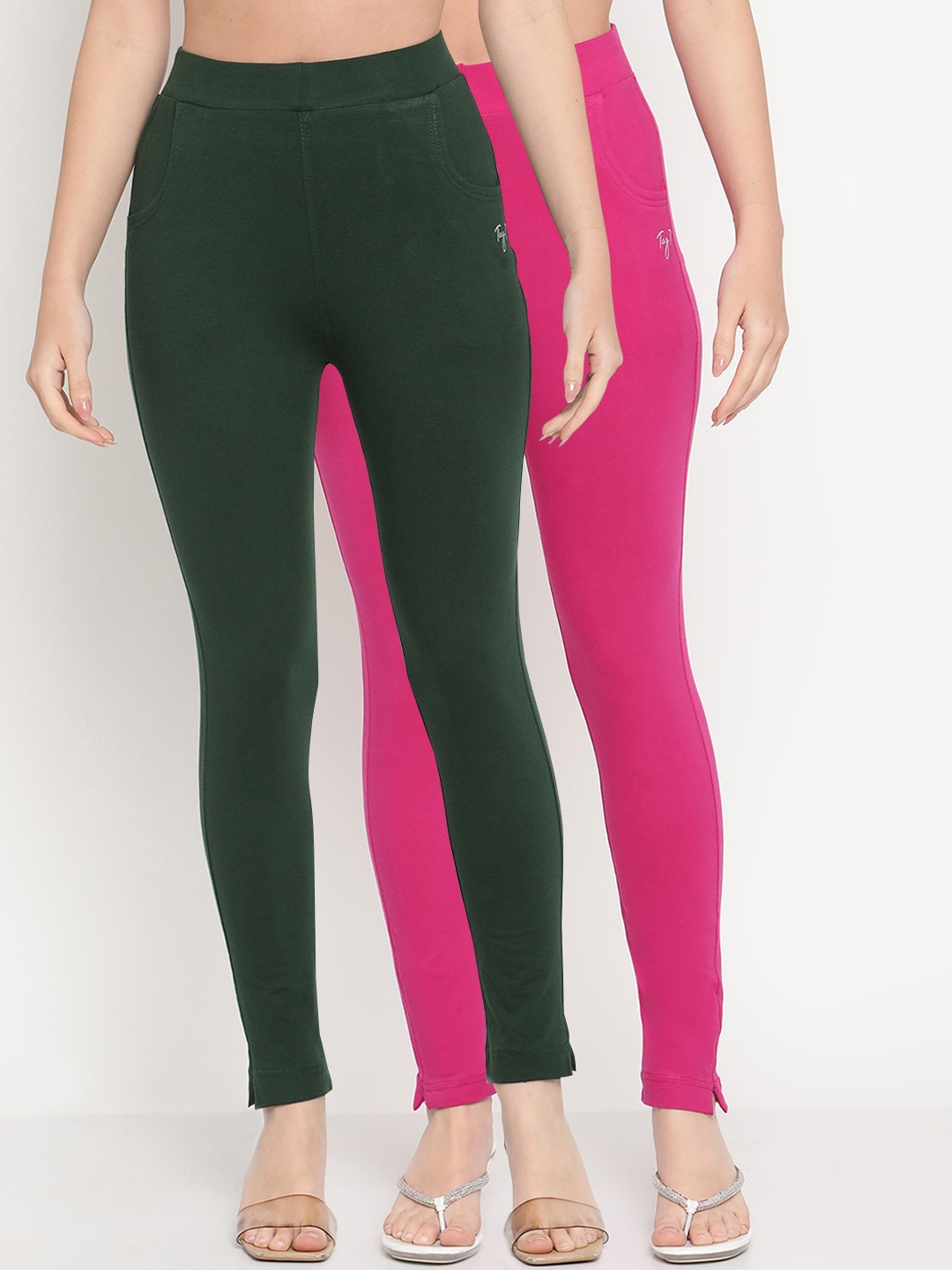 

TAG 7 Women Set of 2 Pink & Green Ankle Length Leggings