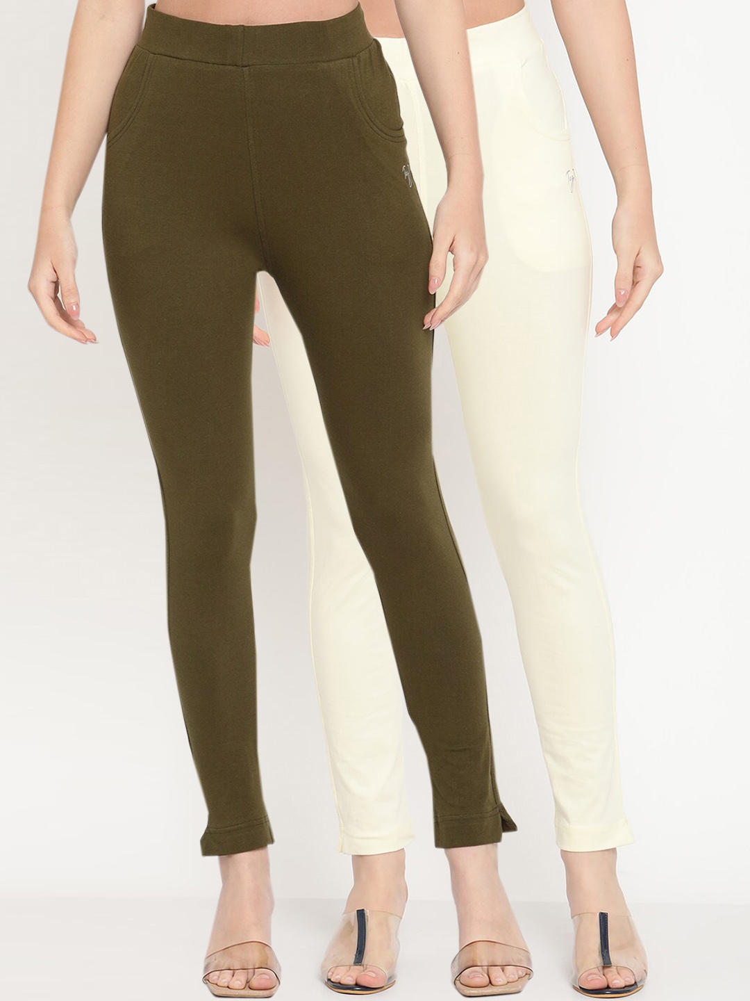 

TAG 7 Set Of 2 Olive Green & Off White Solid Leggings