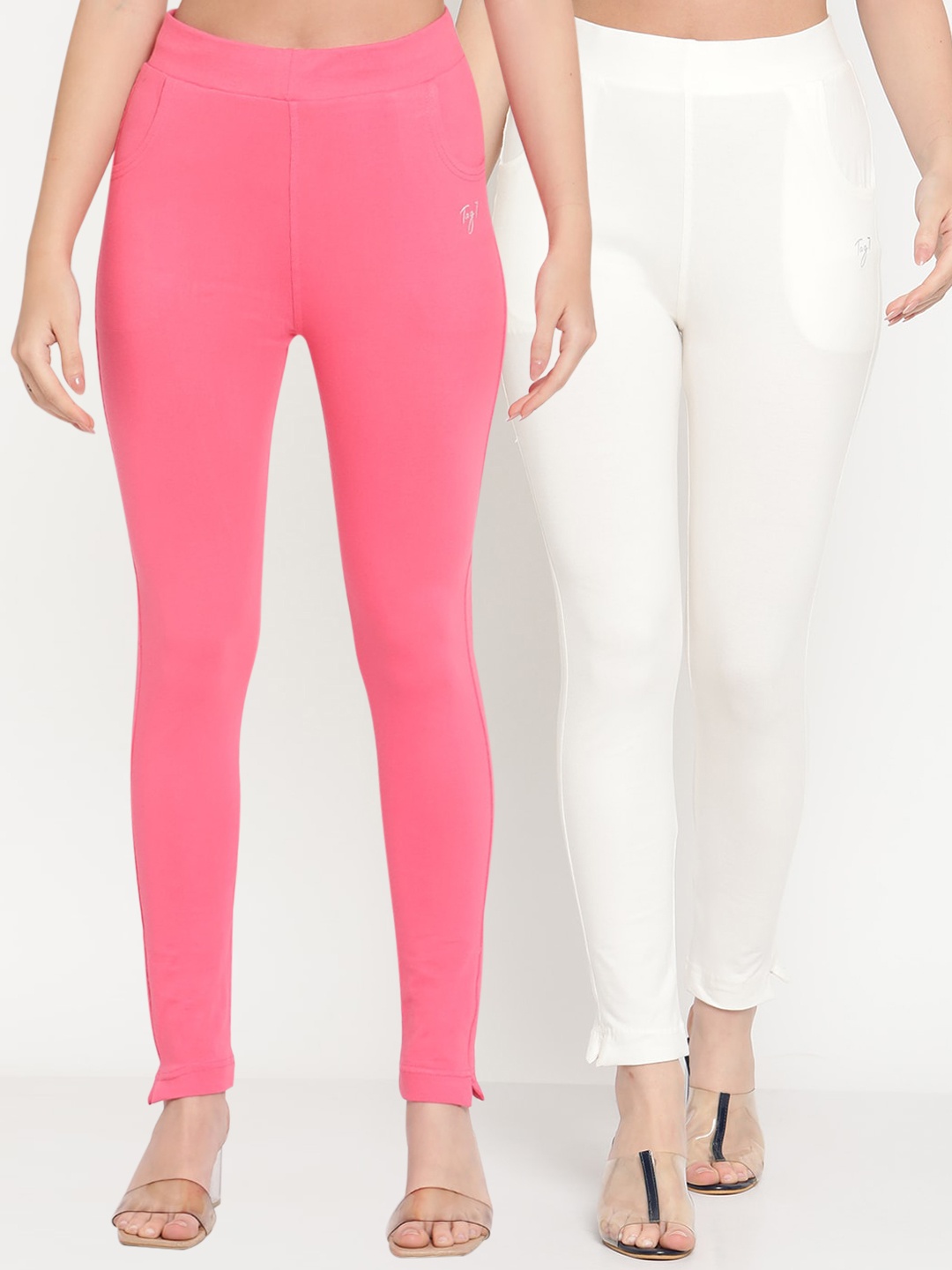 

TAG 7 Women Pack of 2 Pink & White Solid Ankle Length Kurti Pants