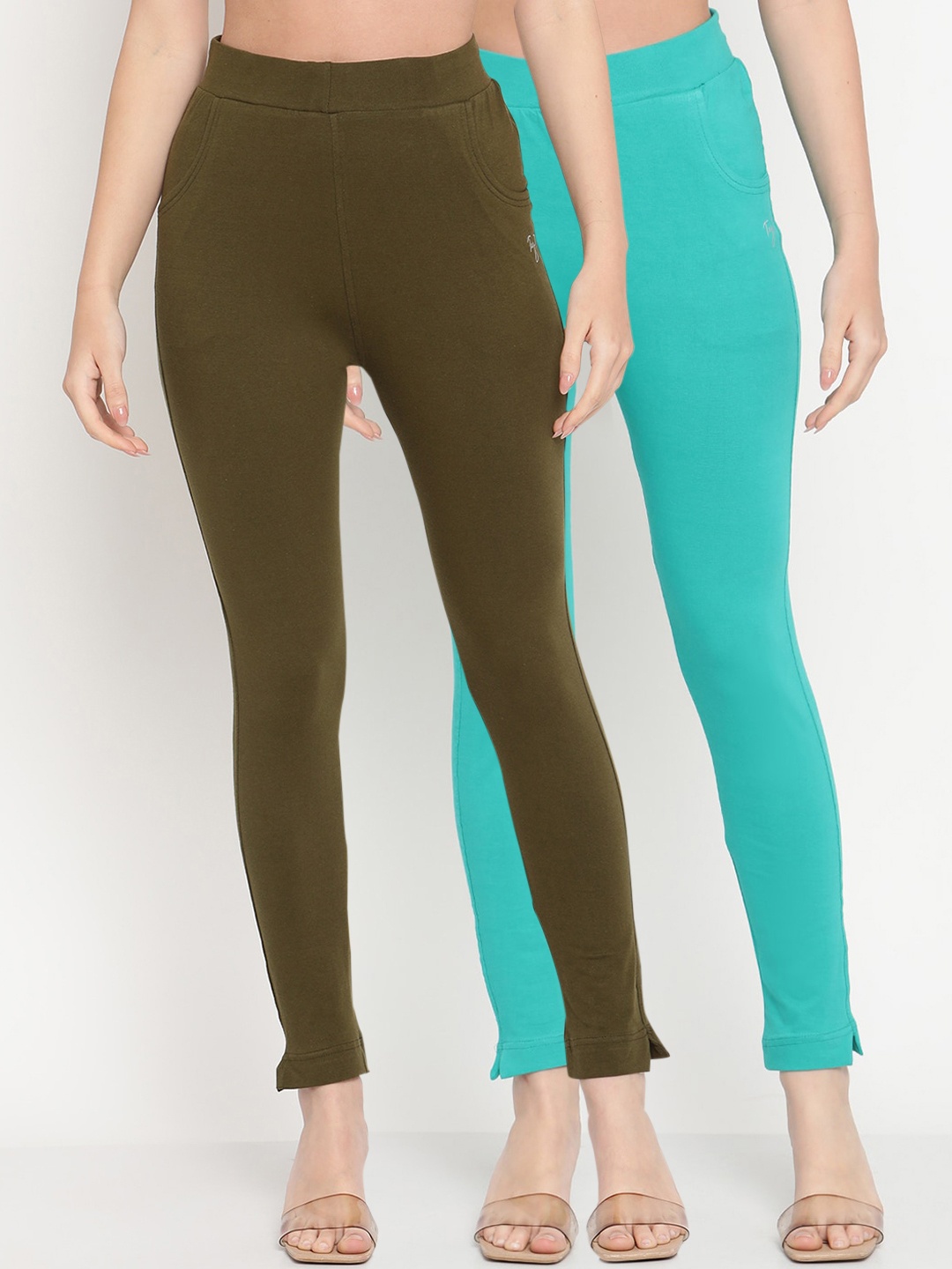 

TAG 7 Set Of 2 Olive Green & Turquoise Blue Solid Leggings