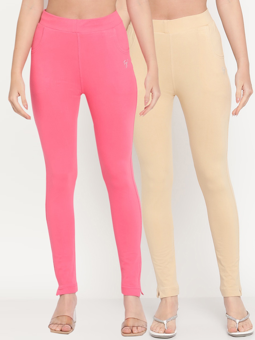 

TAG 7 Women Pack of 2 Pink & Beige Solid Kurti Pants
