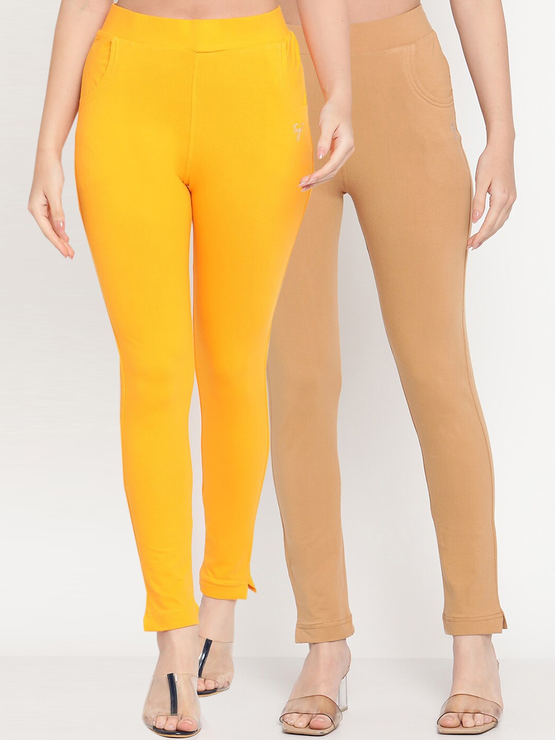 

TAG 7 Set Of 2 Yellow & Beige Solid Leggings