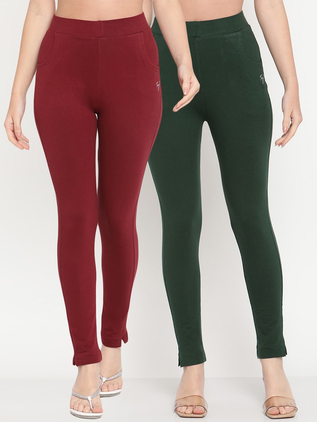 

TAG 7 Women Pack of 2 Maroon & Green Solid Kurti Pants