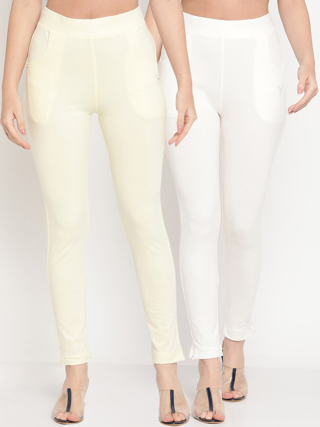 

TAG 7 Women Pack of 2 off White & Cream Colored Solid Kurti Pants