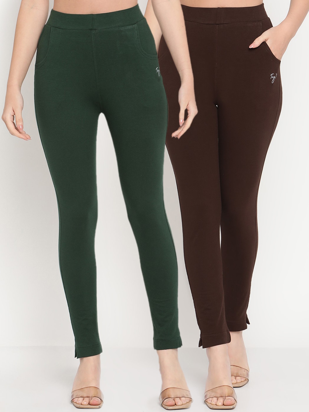 

TAG 7 Women Green & Brown Set Of 2 Solid Ankle Length Leggings
