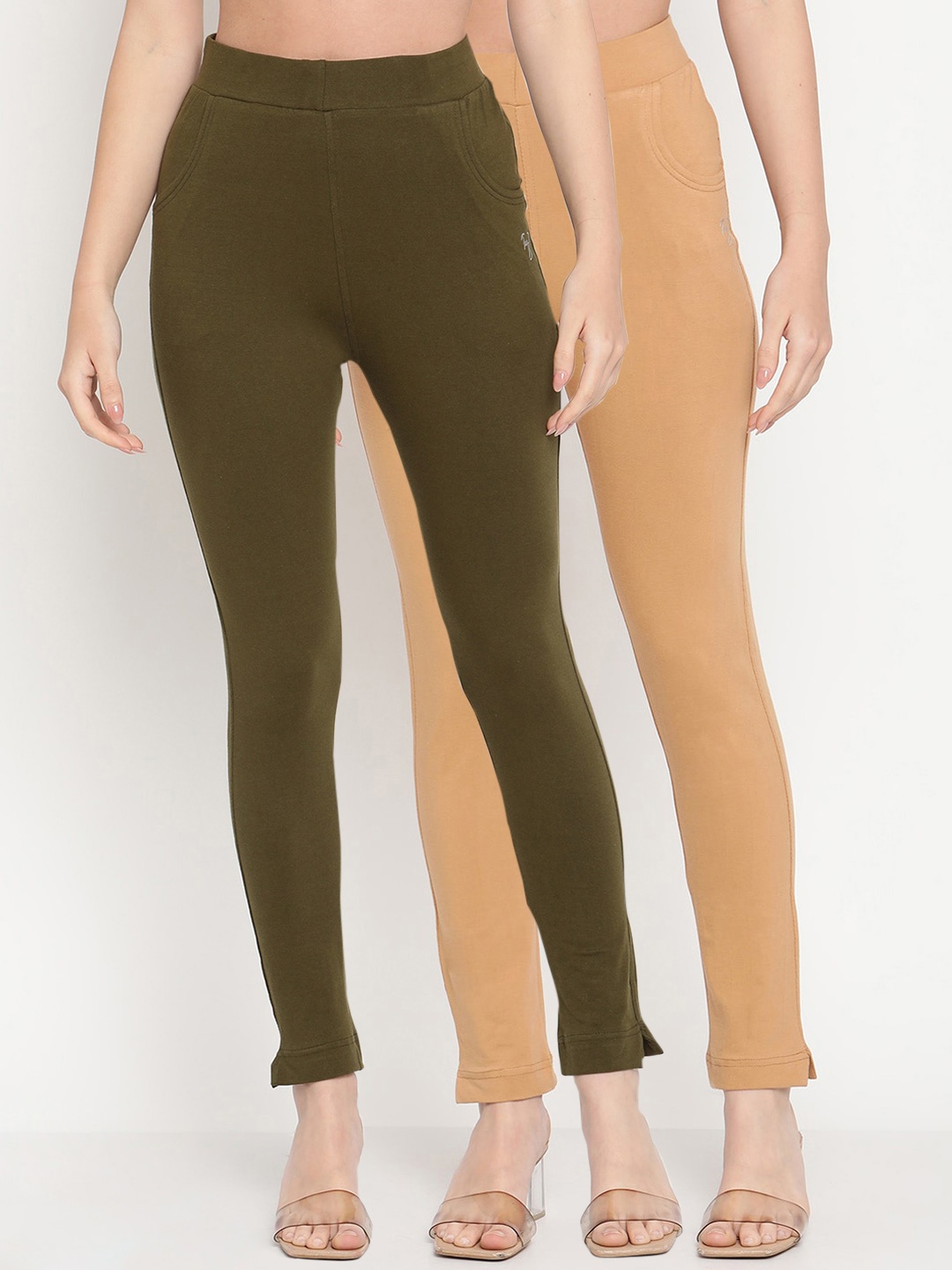 

TAG 7 Set Of 2 Olive Green & Beige Solid Leggings