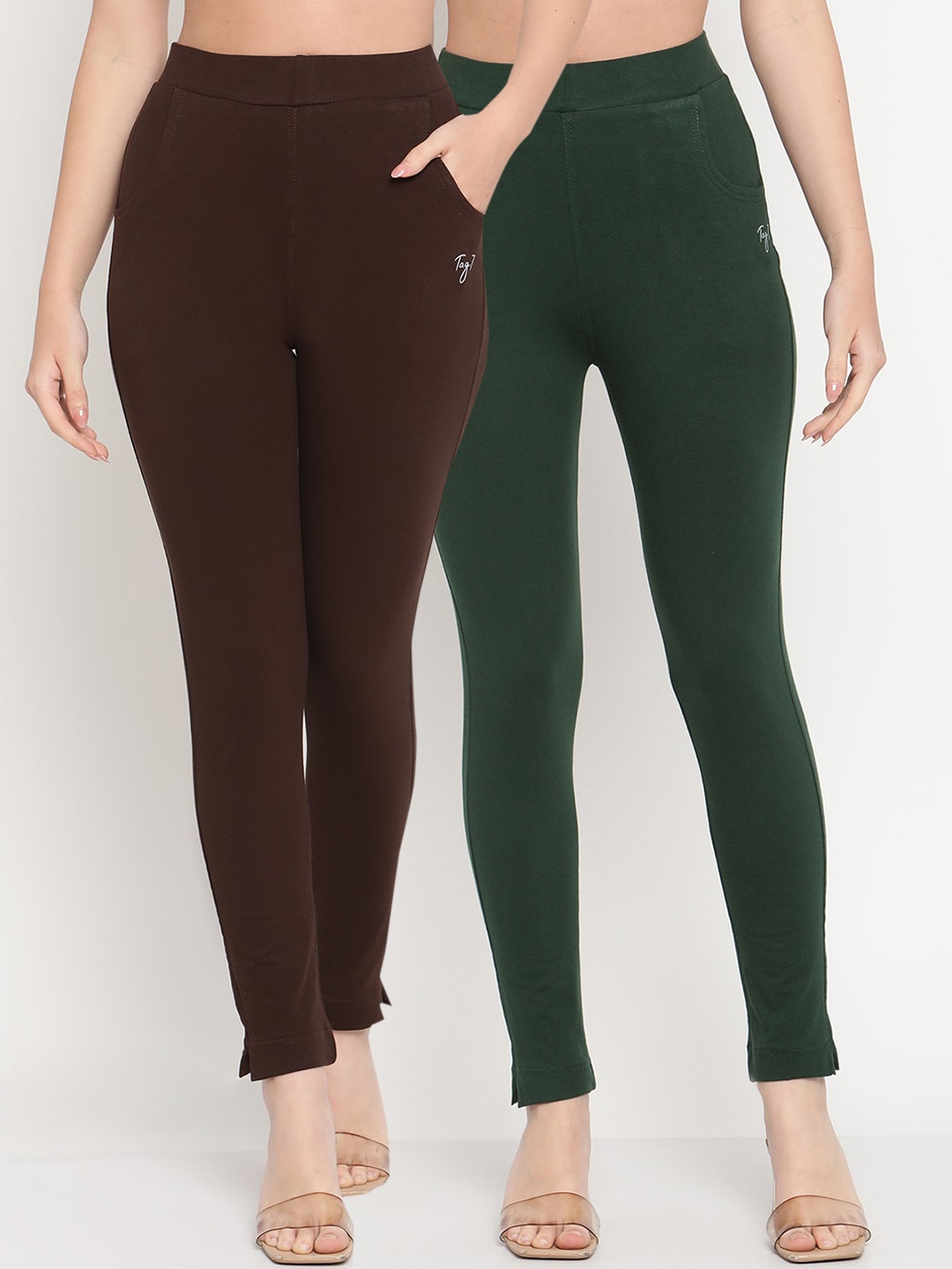 

TAG 7 Women Set of 2 Green & Maroon Ankle-Length Leggings