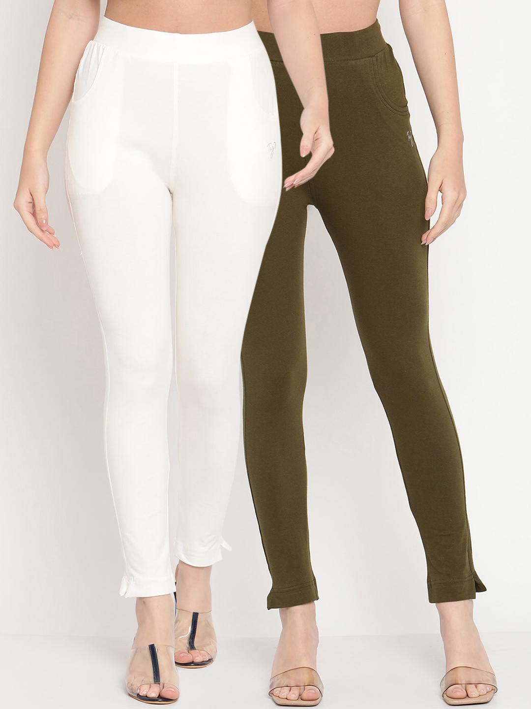 

TAG 7 Women Olive Green & Off White Pack Of 2 Solid Ankle-Length Leggings