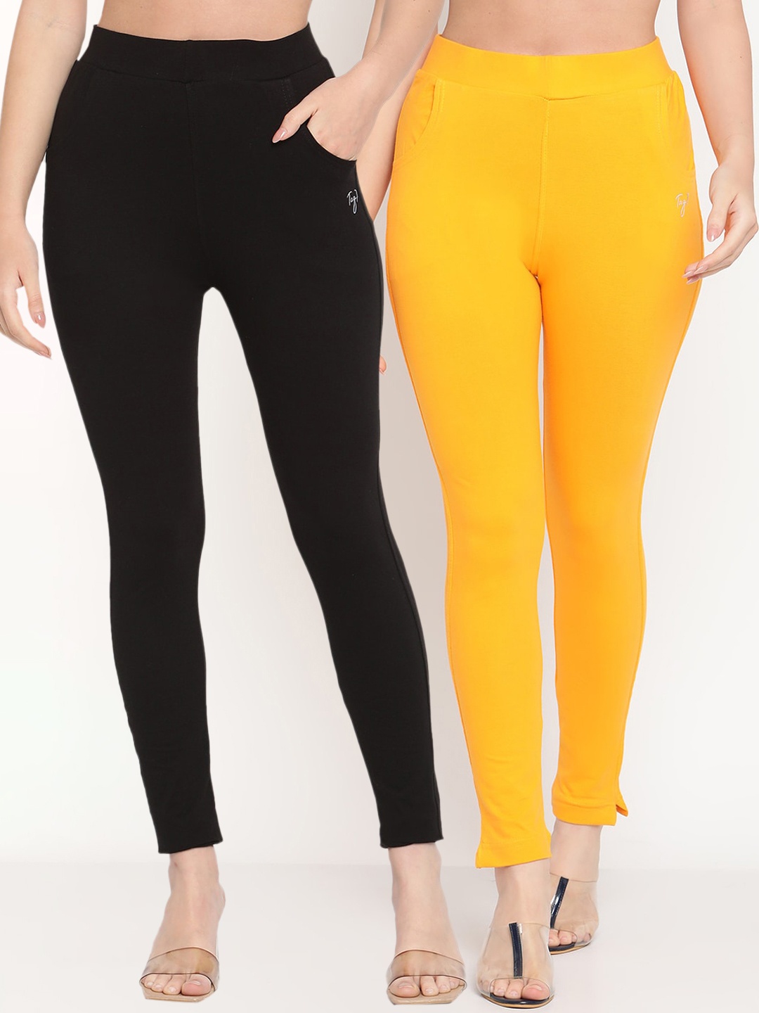 

TAG 7 Set Of 2 Yellow & Black Solid Leggings