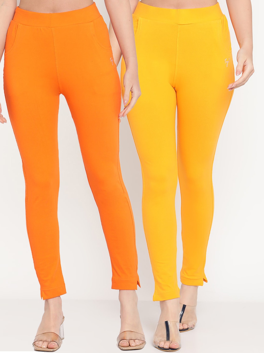 

TAG 7 Women Set of 2 Yellow & Orange Ankle Length Leggings