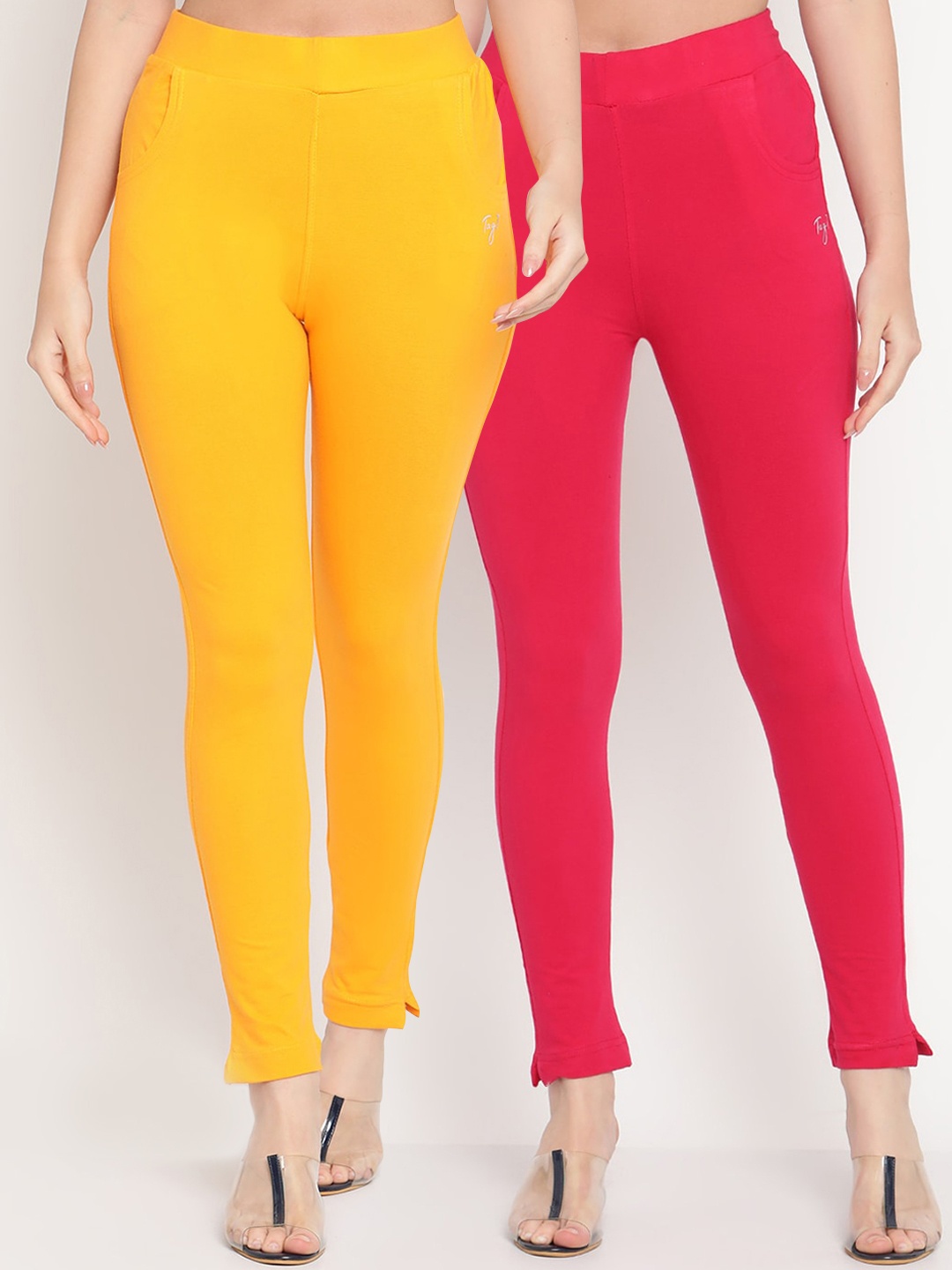 

TAG 7 Women Set of 2 Yellow & Pink Ankle Length Leggings