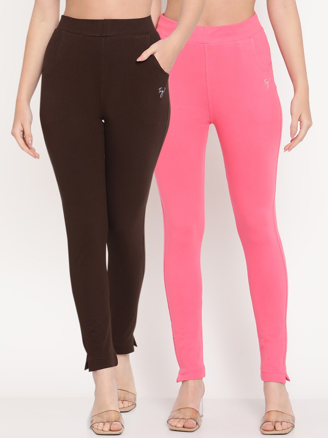 

TAG 7 Women Pink & Brown 2 Solid Ankle Length Leggings