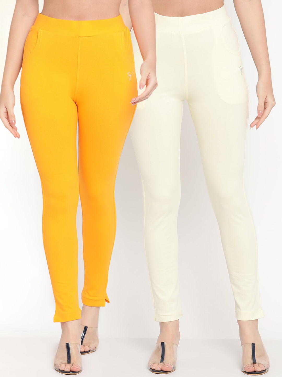 

TAG 7 Women White & Yellow Set of 2 Solid Ankle Length Cotton Leggings