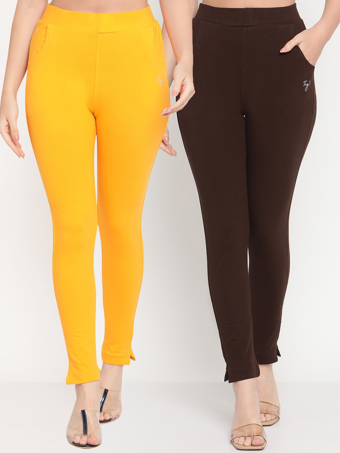

TAG 7 Women Pack Of 2 Solid Ankle-Length Leggings, Yellow