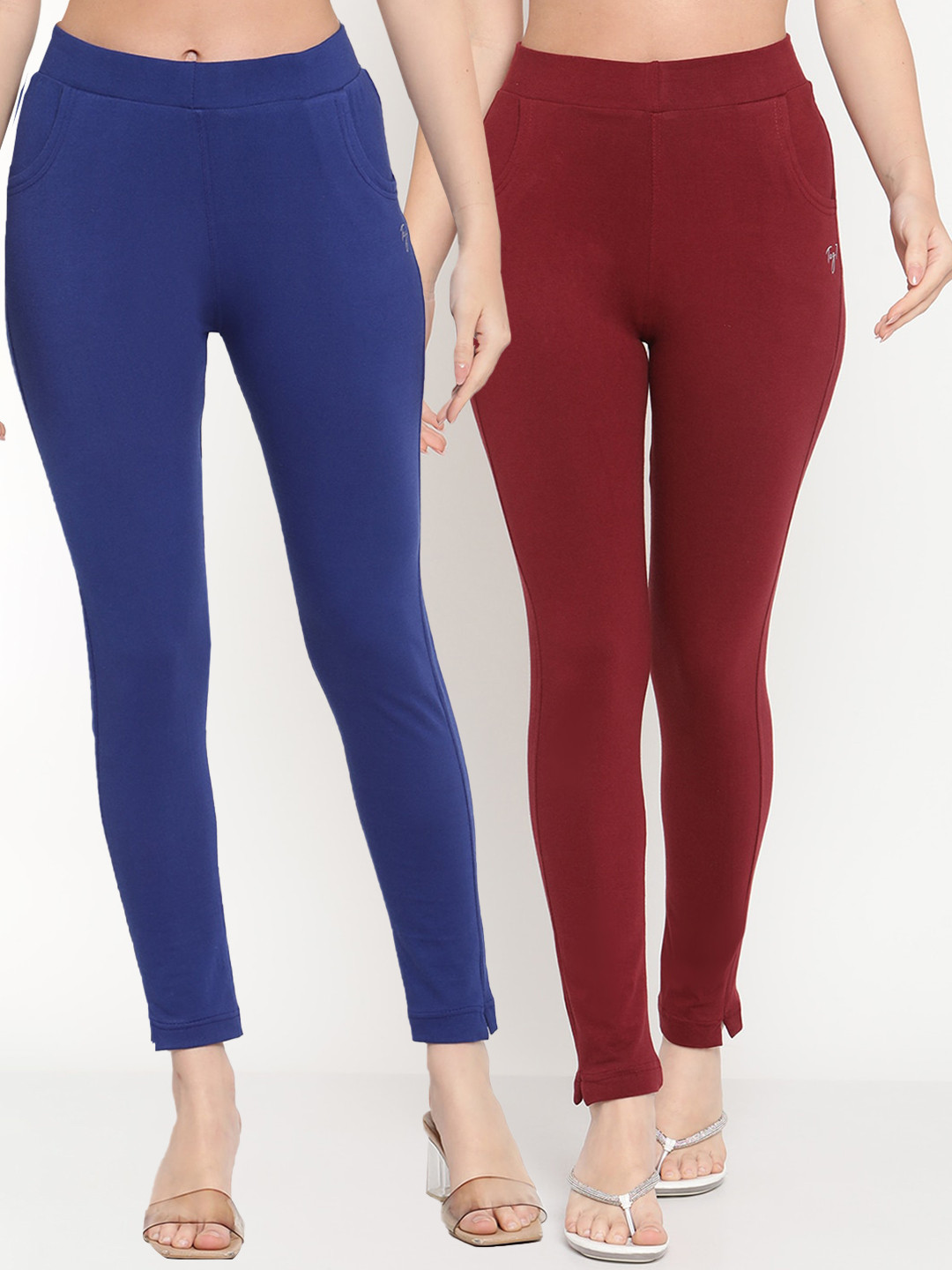 

TAG 7 Women Set of 2 Maroon & Blue Ankle Length Leggings