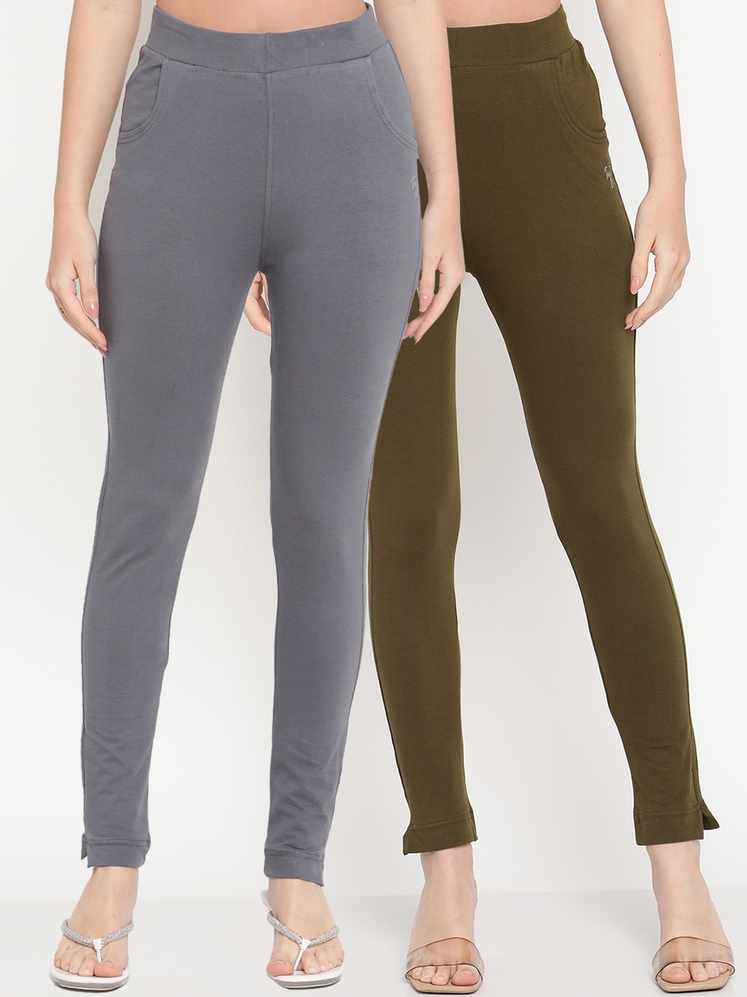 

TAG 7 Women Set of 2 Olive Green & Grey Ankle Length Leggings