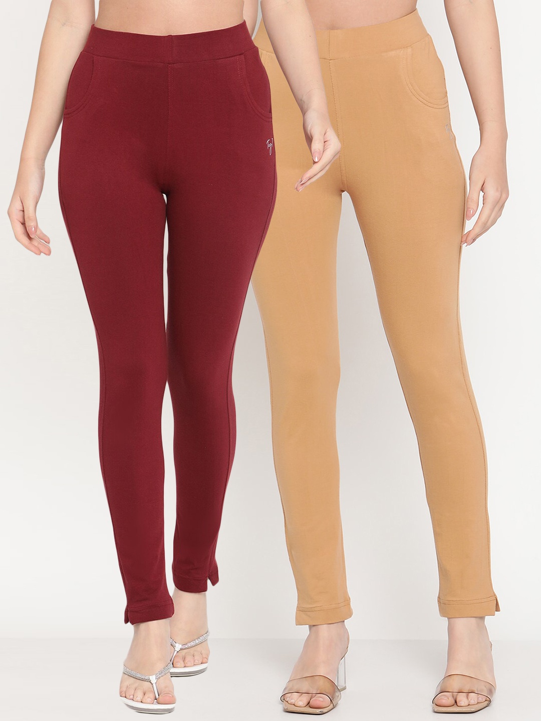 

TAG 7 Women Maroon & Beige Set Of 2 Leggings