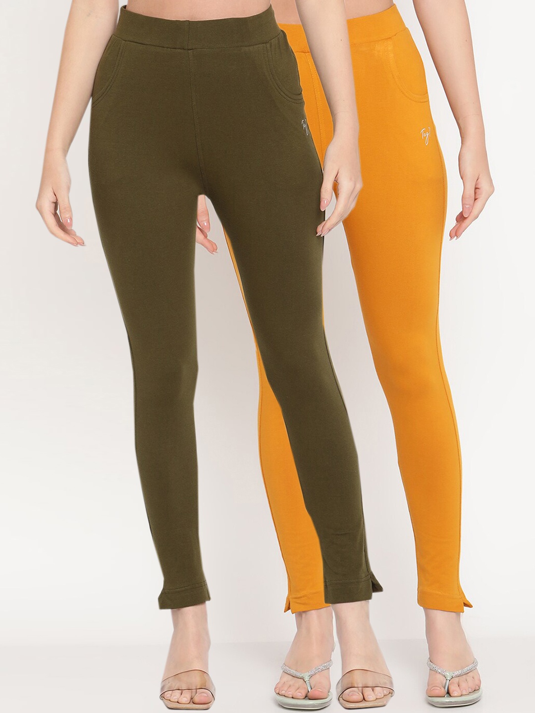 

TAG 7 Pack of 2 Olive Green & Mustard Yellow Ankle-Length Leggings