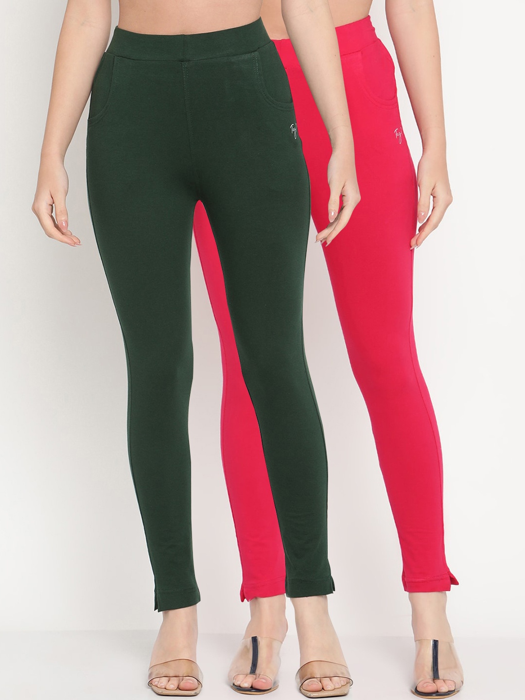 

TAG 7 Women Set of 2 Pink & Green Ankle Length Leggings