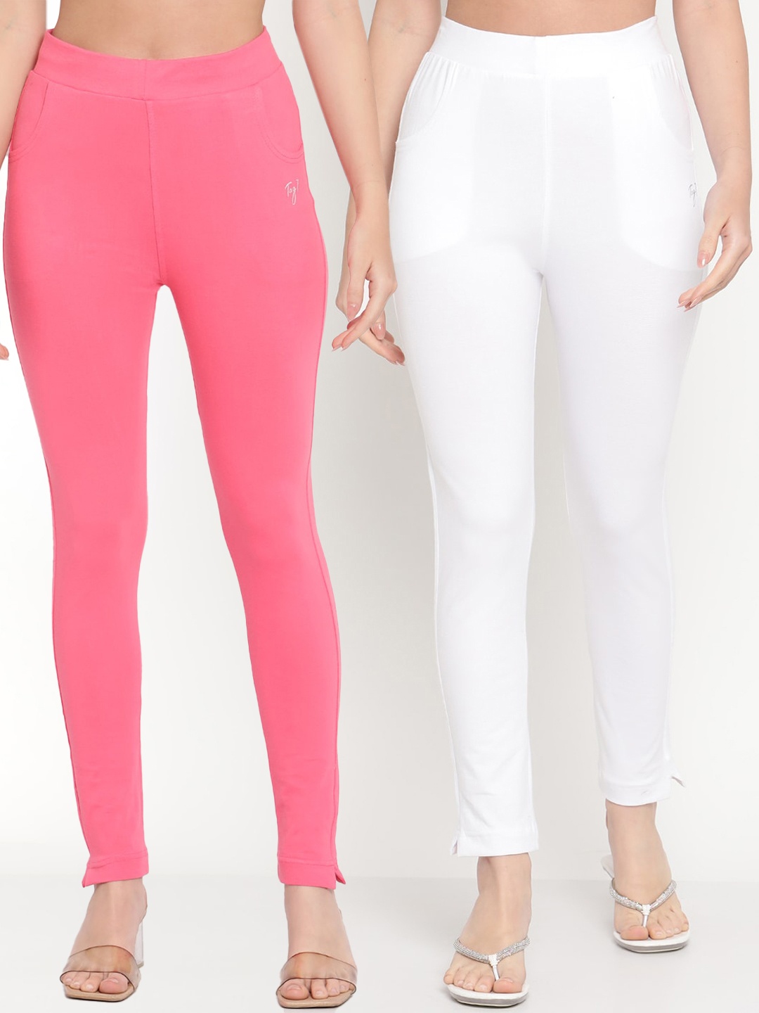 

TAG 7 Pack of 2 White & Pink Ankle-Length Leggings