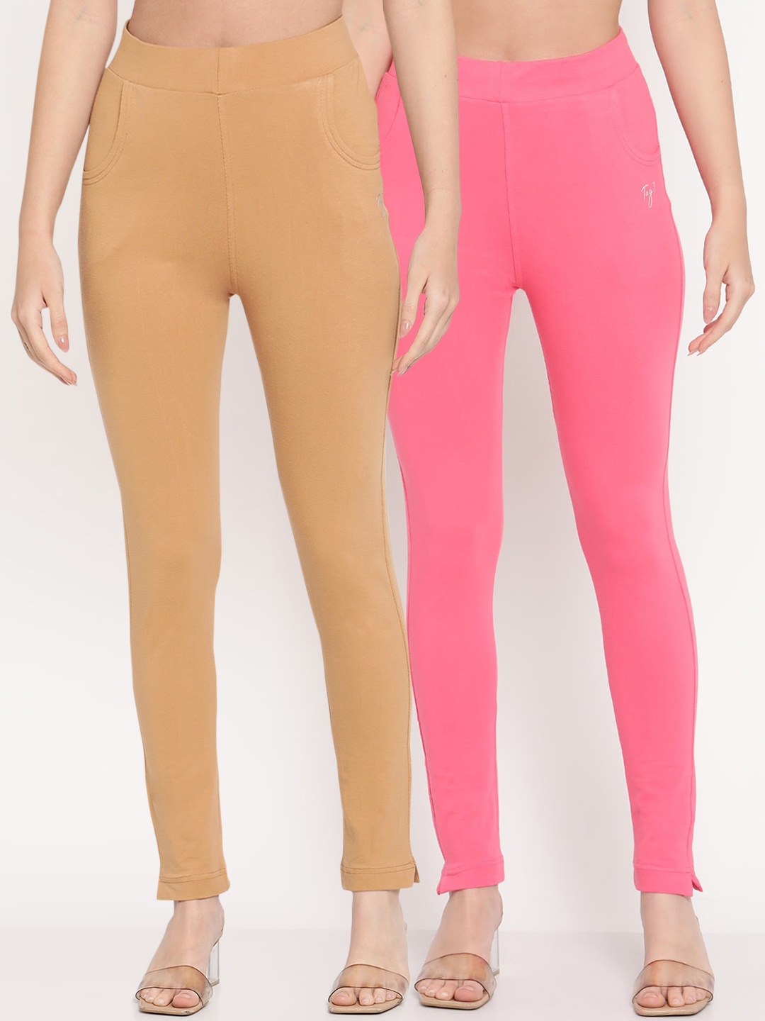 

TAG 7 Women Beige & Pink Pack of 2 Straight Fit Ankle-Length Leggings