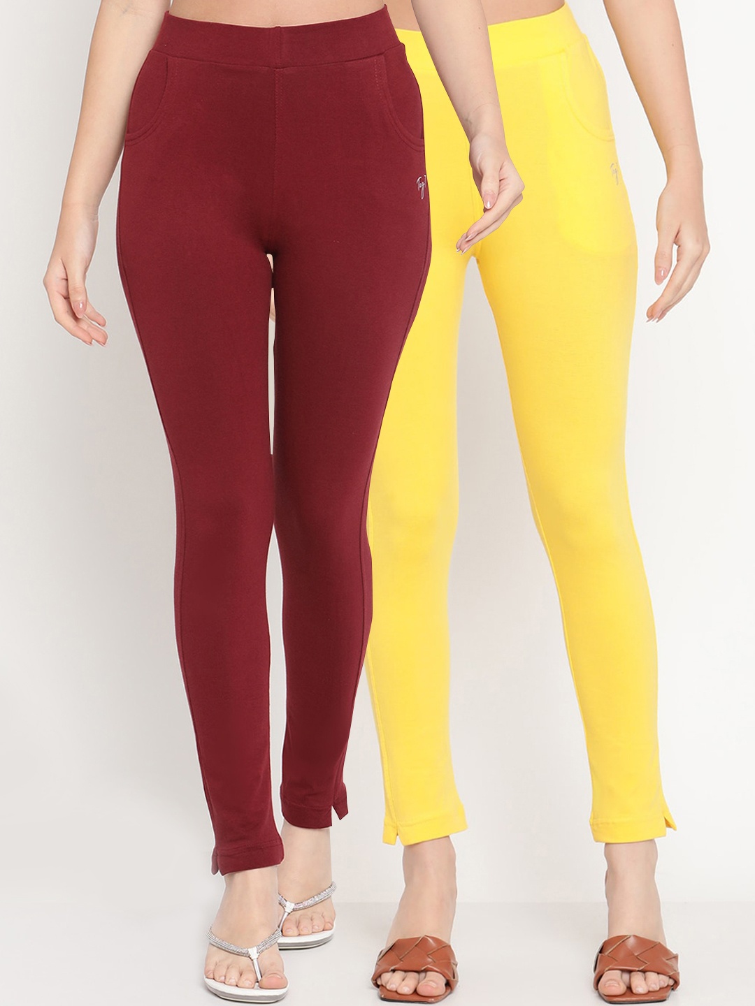 

TAG 7 Set Of 2 Maroon & Yellow Solid Leggings