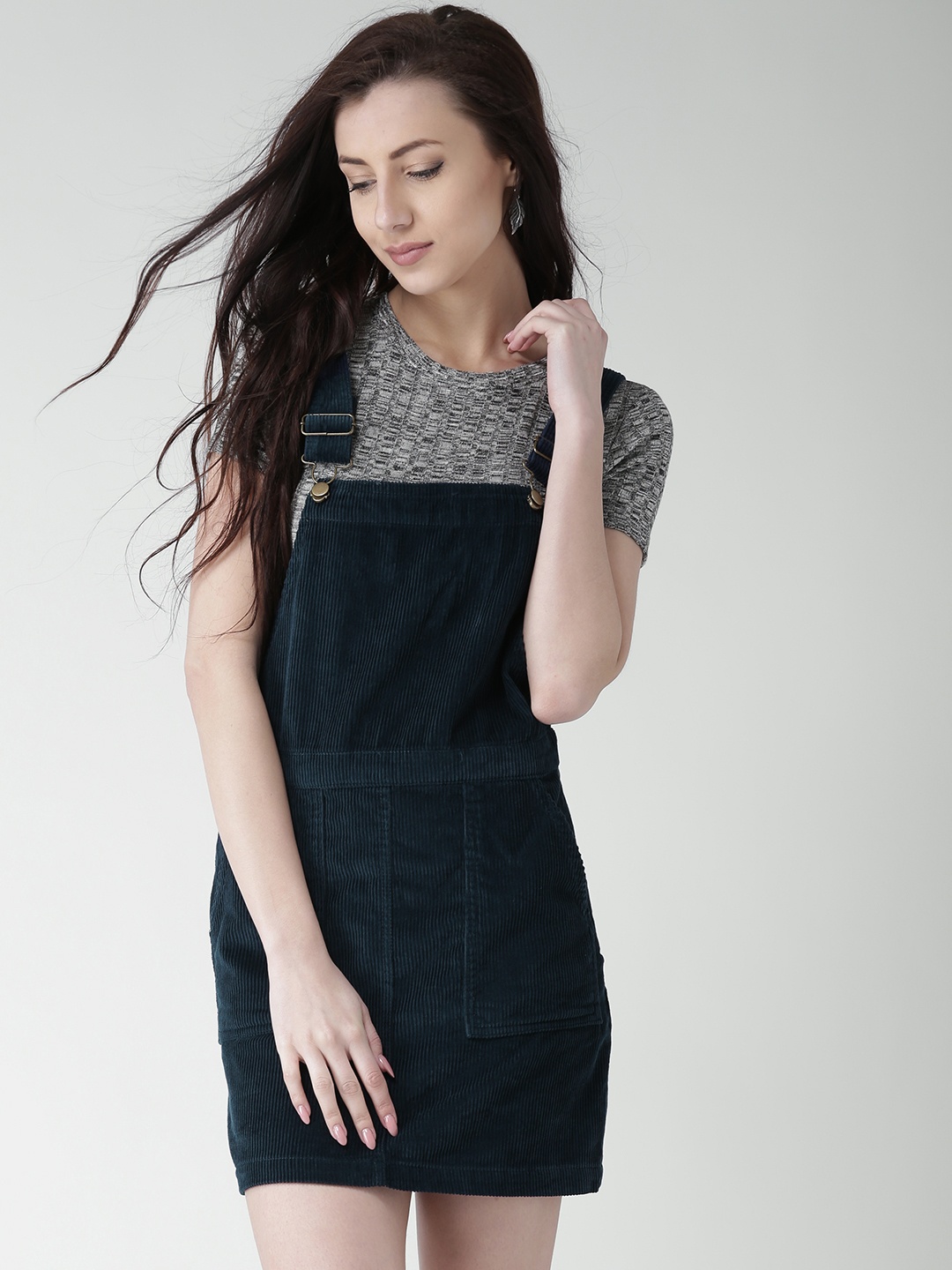 

FOREVER 21 Women Navy Solid Corduroy Dungaree Dress, Navy blue