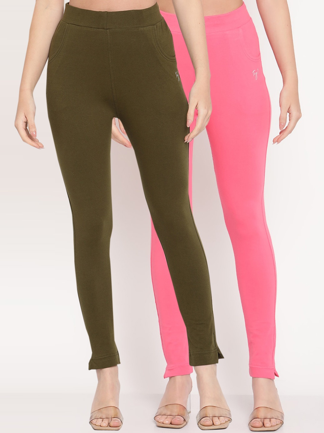 

TAG 7 Women Olive Green & Pink Pack of 2 Straight Fit Ankle-Length Leggings