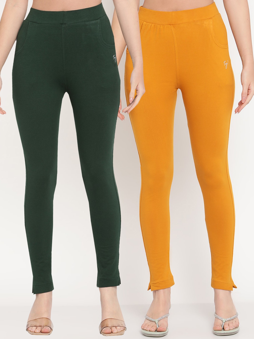 

TAG 7 Women Green & Mustard Yellow Pack of 2 Straight Fit Ankle-Length Leggings