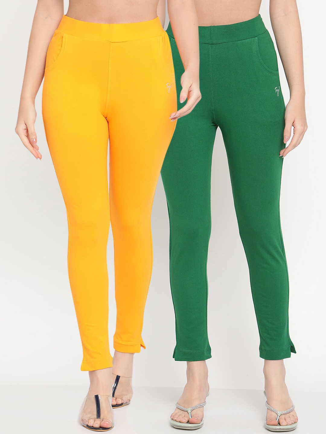 

TAG 7 Women Set of 2 Yellow & Green Ankle Length Leggings