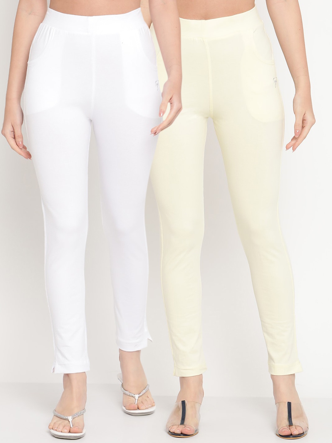 

TAG 7 Women Pack of 2 Off White & Cream Colored Solid Kurti Pants